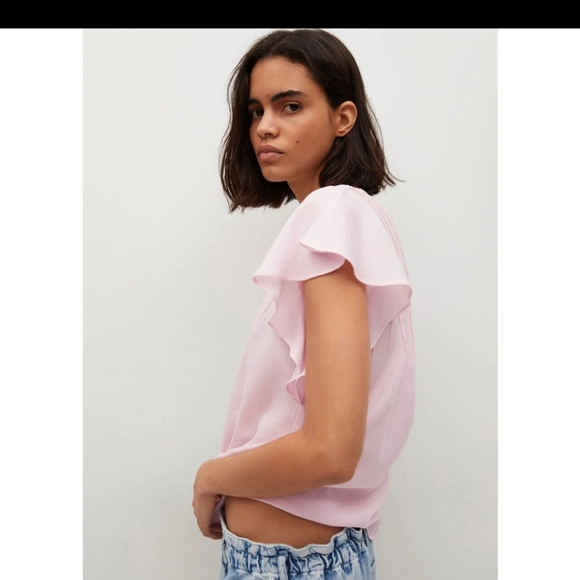 Mango pastel pink Pleamar ruffle sleeve v-neck textured tie back blouse - Picture 4 of 6